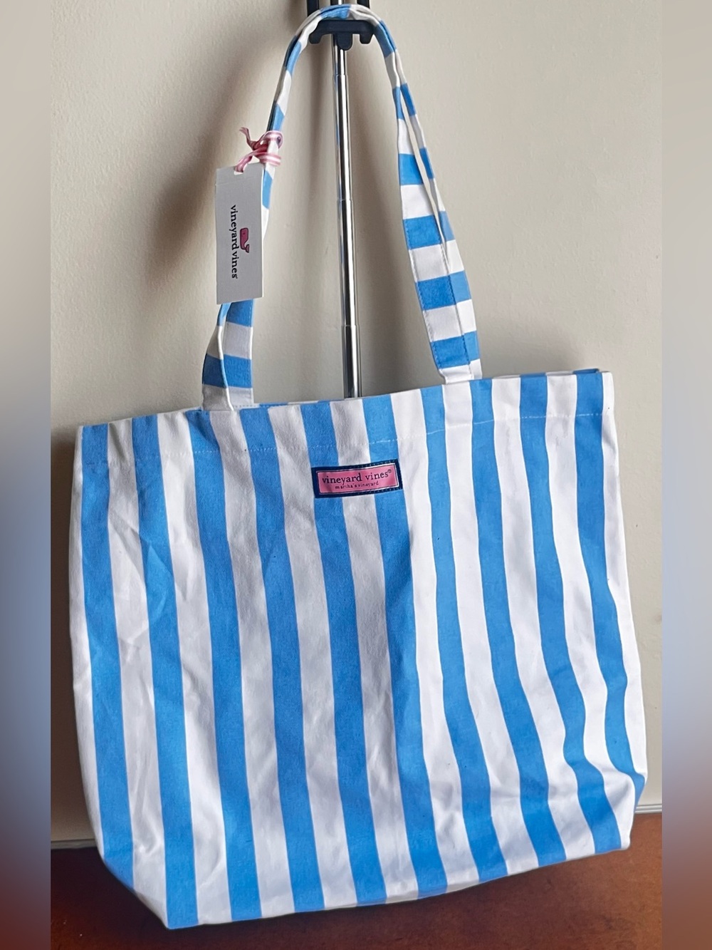 Vineyard Vines Jake Blue & White Striped Canvas Easy Tote with Pink Logo Patch